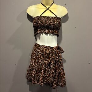 SHEIN Black and Pink/Orange Floral Skirt Set